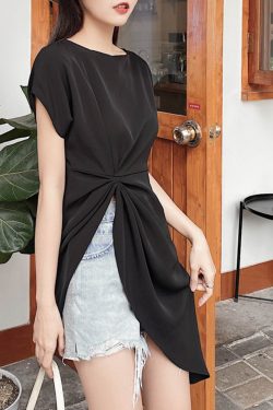Irregular Pleated Short-Sleeve T-Shirt, Waist-Cinching Wrinkle-Resistant Chiffon Top, Summer 2025 Slimming Style