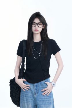 Irregular Pleated Slim Fit Short-Sleeved T-Shirt for Women - Trendy Casual Style