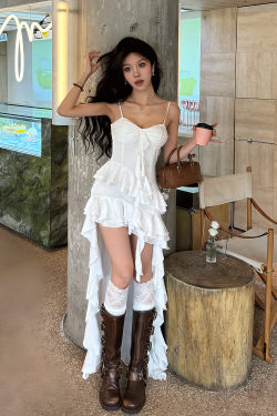 Irregular Satin Flower Bud Ruffled Strap Dress - Elegant Niche Design, Perfect for 90s and Y2K Inspired Fashion