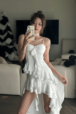 Irregular Satin Flower Bud Ruffled Strap Dress - Elegant Niche Design, Perfect for 90s and Y2K Inspired Fashion
