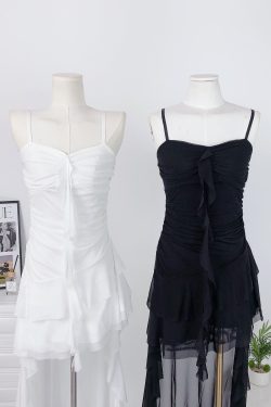 Irregular Satin Flower Bud Ruffled Strap Dress - Elegant Niche Design, Perfect for 90s and Y2K Inspired Fashion