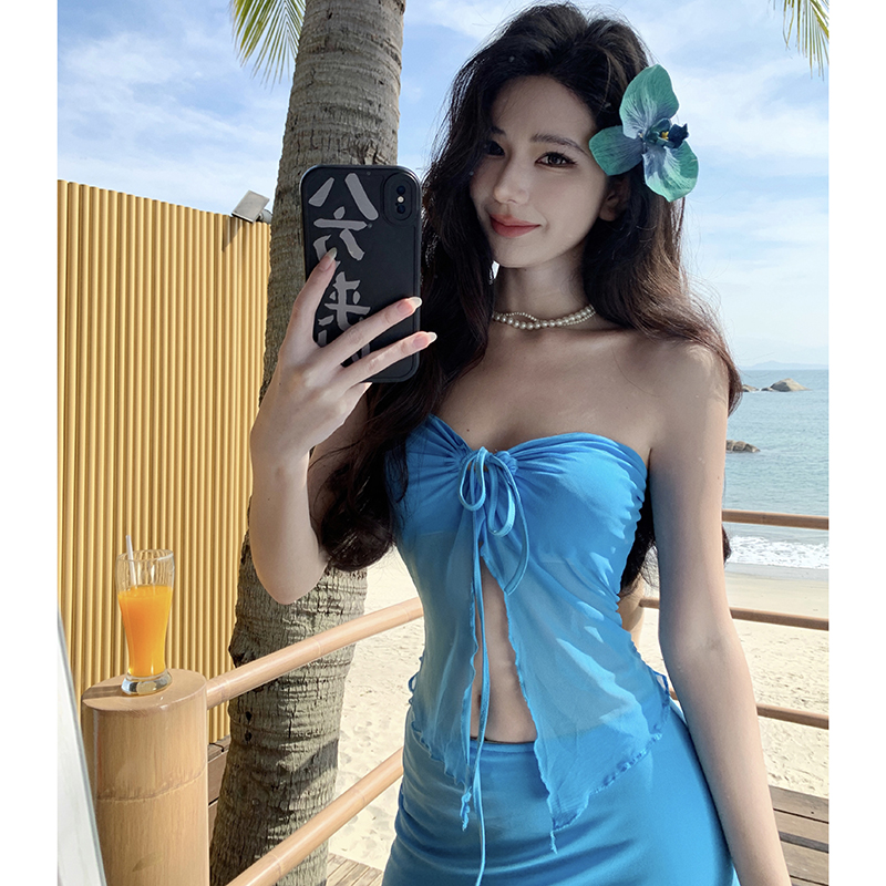 Island Blue Strapless Halter Neck Long Dress - Flattering Slimming Beach Vacation Dress for Women Island Blue Strapless Halter Neck Long Dress - Flattering Slimming Beach Vacation Dress for Women
