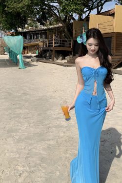 Island Blue Strapless Halter Neck Long Dress - Flattering Slimming Beach Vacation Dress for Women