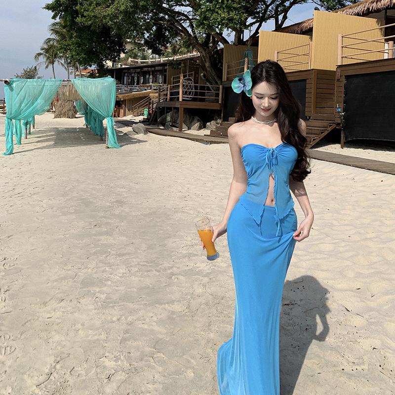 Island Blue Strapless Halter Neck Long Dress - Flattering Slimming Beach Vacation Dress for Women Island Blue Strapless Halter Neck Long Dress - Flattering Slimming Beach Vacation Dress for Women