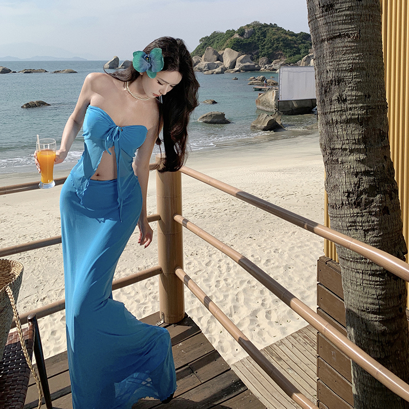 Island Blue Strapless Halter Neck Long Dress - Flattering Slimming Beach Vacation Dress for Women Island Blue Strapless Halter Neck Long Dress - Flattering Slimming Beach Vacation Dress for Women