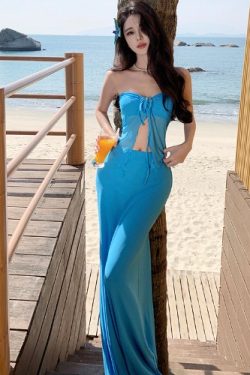 Island Blue Strapless Halter Neck Long Dress - Flattering Slimming Beach Vacation Dress for Women