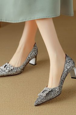 Italian Light Luxury Crystal Sequined High-Heeled Shoes for Women - Pointed Toe Square Buckle Flats, Elegant Rhinestone Design
