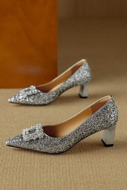 Italian Light Luxury Crystal Sequined High-Heeled Shoes for Women - Pointed Toe Square Buckle Flats, Elegant Rhinestone Design