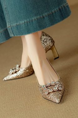 Italian Light Luxury Crystal Sequined High-Heeled Shoes for Women - Pointed Toe Square Buckle Flats, Elegant Rhinestone Design