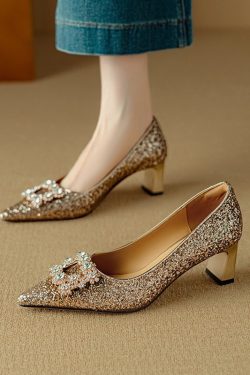 Italian Light Luxury Crystal Sequined High-Heeled Shoes for Women - Pointed Toe Square Buckle Flats, Elegant Rhinestone Design