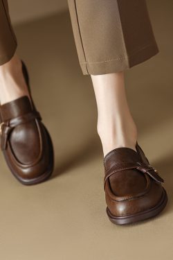 Italian-Style Genuine Leather Round-Toe Loafers for Women - 3 cm Soft-Soled Retro Comfortable Shoes