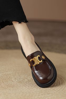 Italian-Style Soft-Soled Genuine Leather Round-Toe Loafers with Metal Buckle for Women - Non-Fatiguing Comfort, Chic Footwear