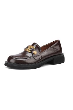 Italian-Style Soft-Soled Genuine Leather Round-Toe Loafers with Metal Buckle for Women - Non-Fatiguing Comfort, Chic Footwear