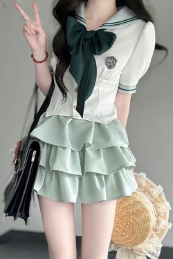 Japanese College Style Pudding Bear JK Uniform Sailor Suit Green Waist-Defined Short Sleeve Summer Outfit with Cake Skirt