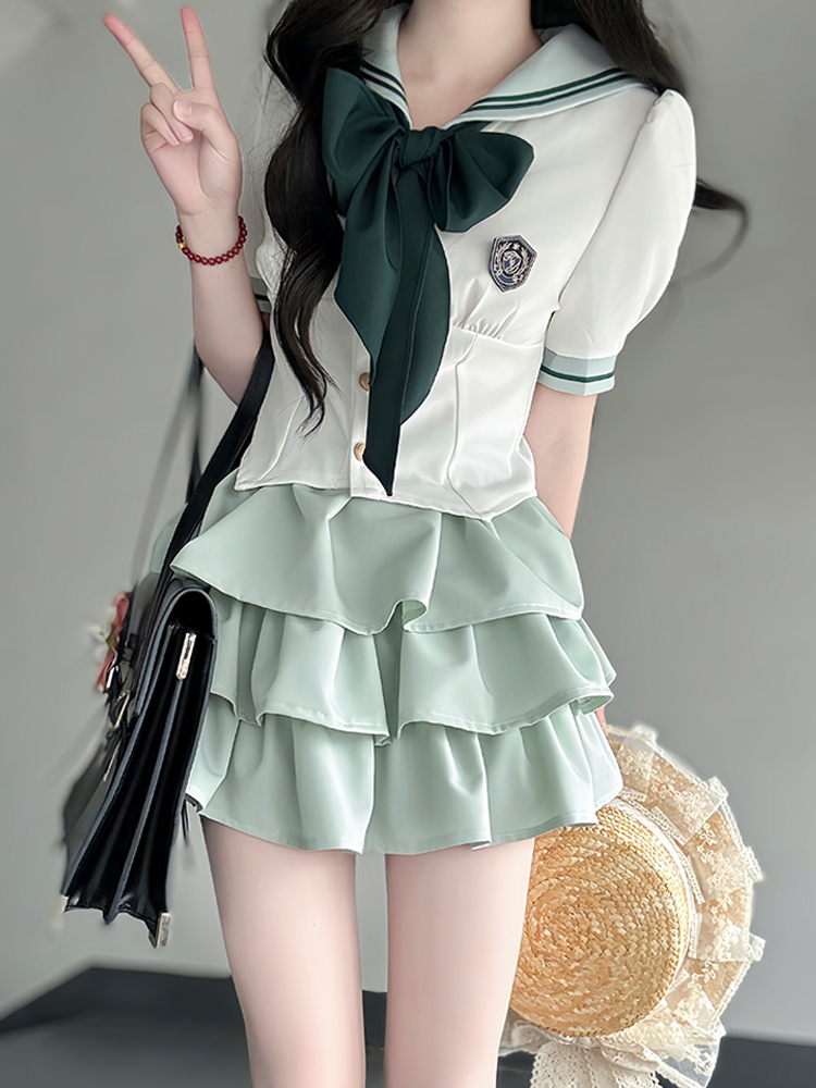 Japanese College Style Pudding Bear JK Uniform Sailor Suit Green Waist-Defined Short Sleeve Summer Outfit with Cake Skirt Japanese College Style Pudding Bear JK Uniform Sailor Suit Green Waist-Defined Short Sleeve Summer Outfit with Cake Skirt