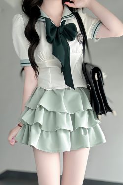 Japanese College Style Pudding Bear JK Uniform Sailor Suit Green Waist-Defined Short Sleeve Summer Outfit with Cake Skirt