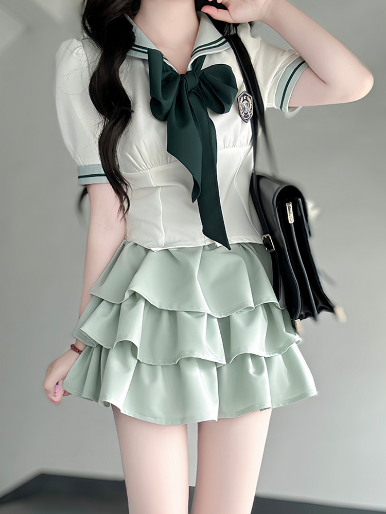 Japanese College Style Pudding Bear JK Uniform Sailor Suit Green Waist-Defined Short Sleeve Summer Outfit with Cake Skirt Japanese College Style Pudding Bear JK Uniform Sailor Suit Green Waist-Defined Short Sleeve Summer Outfit with Cake Skirt