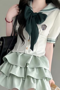 Japanese College Style Pudding Bear JK Uniform Sailor Suit Green Waist-Defined Short Sleeve Summer Outfit with Cake Skirt