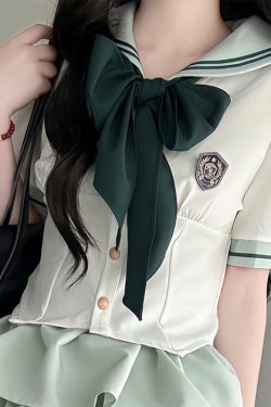 Japanese College Style Pudding Bear JK Uniform Sailor Suit Green Waist-Defined Short Sleeve Summer Outfit with Cake Skirt