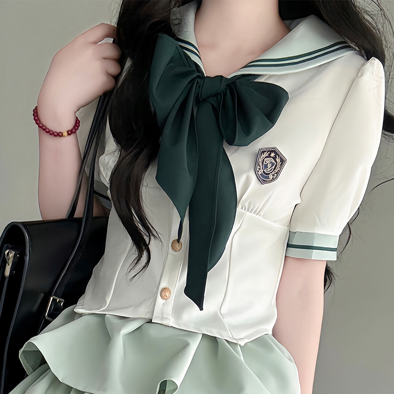 Japanese College Style Pudding Bear JK Uniform Sailor Suit Green Waist-Defined Short Sleeve Summer Outfit with Cake Skirt Japanese College Style Pudding Bear JK Uniform Sailor Suit Green Waist-Defined Short Sleeve Summer Outfit with Cake Skirt