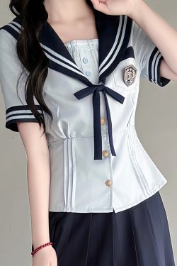 Japanese College Style Sailor Suit with Navy Collar and Waist-Collecting Design - Women's Summer Short Sleeve JK Uniform Set