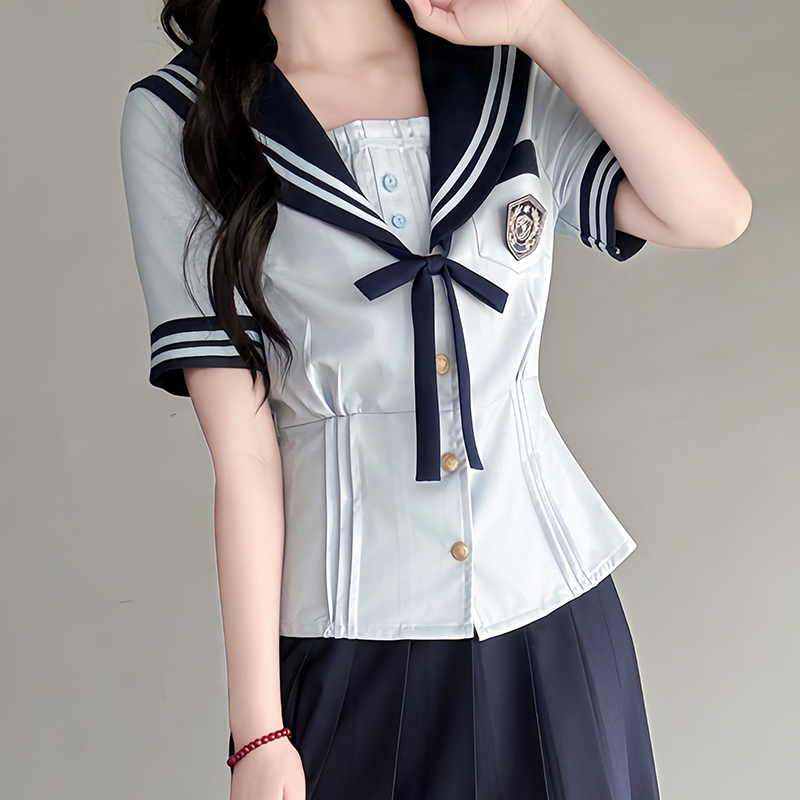 Japanese College Style Sailor Suit with Navy Collar and Waist-Collecting Design - Women's Summer Short Sleeve JK Uniform Set Japanese College Style Sailor Suit with Navy Collar and Waist-Collecting Design - Women's Summer Short Sleeve JK Uniform Set