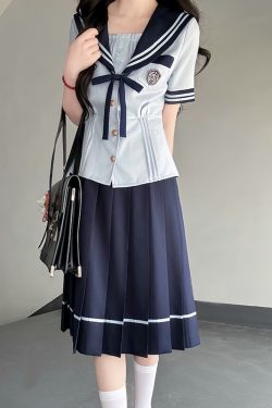 Japanese College Style Sailor Suit with Navy Collar and Waist-Collecting Design - Women's Summer Short Sleeve JK Uniform Set