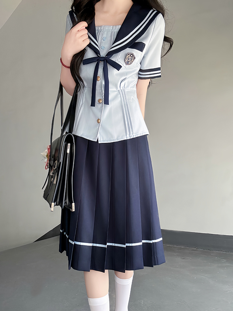 Japanese College Style Sailor Suit with Navy Collar and Waist-Collecting Design - Women's Summer Short Sleeve JK Uniform Set Japanese College Style Sailor Suit with Navy Collar and Waist-Collecting Design - Women's Summer Short Sleeve JK Uniform Set