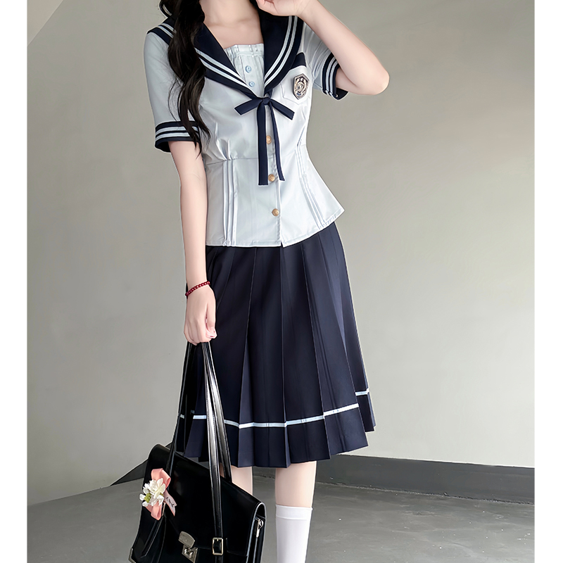 Japanese College Style Sailor Suit with Navy Collar and Waist-Collecting Design - Women's Summer Short Sleeve JK Uniform Set Japanese College Style Sailor Suit with Navy Collar and Waist-Collecting Design - Women's Summer Short Sleeve JK Uniform Set