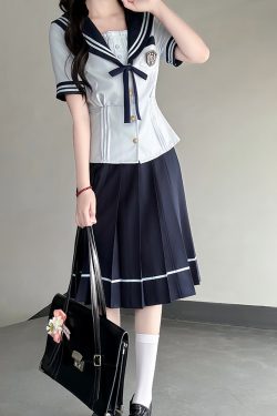 Japanese College Style Sailor Suit with Navy Collar and Waist-Collecting Design - Women's Summer Short Sleeve JK Uniform Set