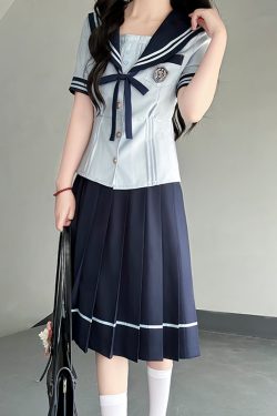 Japanese College Style Sailor Suit with Navy Collar and Waist-Collecting Design - Women's Summer Short Sleeve JK Uniform Set