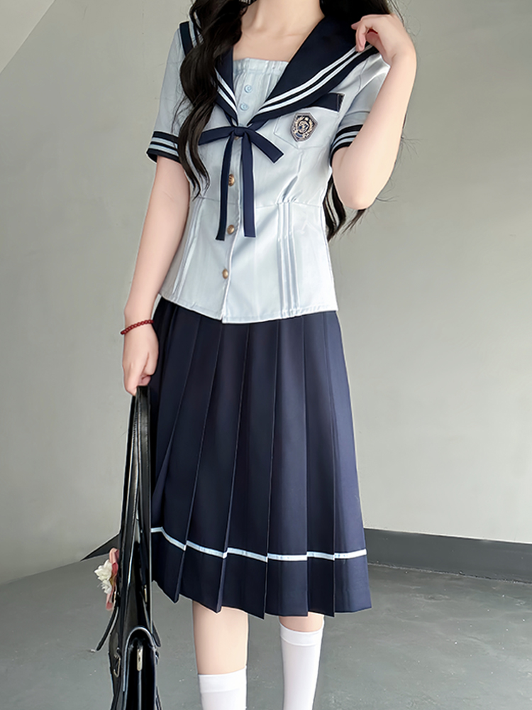 Japanese College Style Sailor Suit with Navy Collar and Waist-Collecting Design - Women's Summer Short Sleeve JK Uniform Set Japanese College Style Sailor Suit with Navy Collar and Waist-Collecting Design - Women's Summer Short Sleeve JK Uniform Set