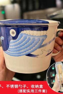 Japanese Hand-Painted Ceramic Noodle Bowl with Cute Cartoon Rabbit Handle and Lid - Perfect for Student Dorms and Home Decor