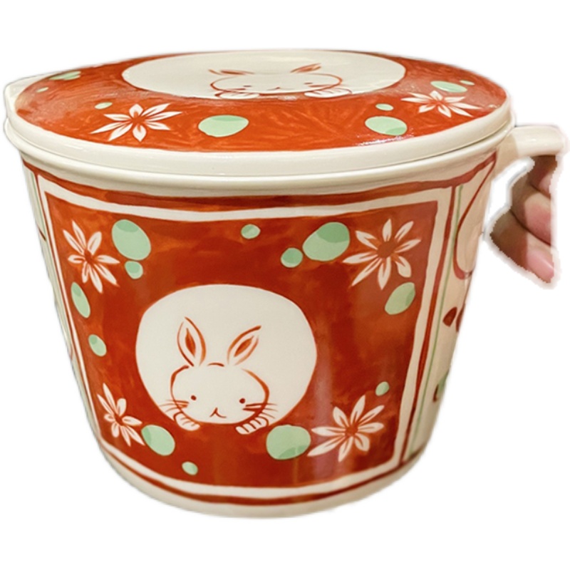 Japanese Hand-Painted Ceramic Noodle Bowl with Cute Cartoon Rabbit Handle and Lid - Perfect for Student Dorms and Home Decor Japanese Hand-Painted Ceramic Noodle Bowl with Cute Cartoon Rabbit Handle and Lid - Perfect for Student Dorms and Home Decor