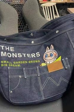Japanese Korean Cartoon Embroidered Denim Crossbody Shoulder Bag - Large Capacity Tote for Students & Daily Commute