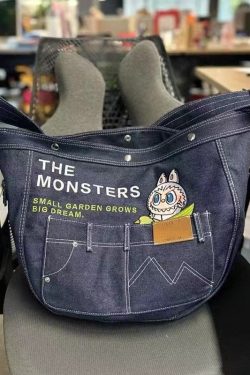 Japanese Korean Cartoon Embroidered Denim Crossbody Shoulder Bag - Large Capacity Tote for Students & Daily Commute
