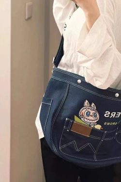 Japanese Korean Cartoon Embroidered Denim Crossbody Shoulder Bag - Large Capacity Tote for Students & Daily Commute