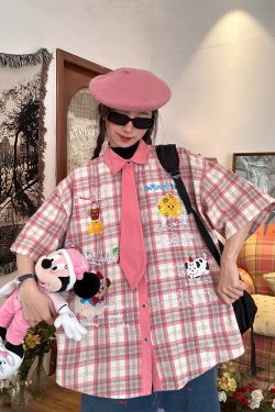 Japanese Retro Cartoon Embroidered Plaid Short Sleeve Shirt for Women - Summer College Style Top
