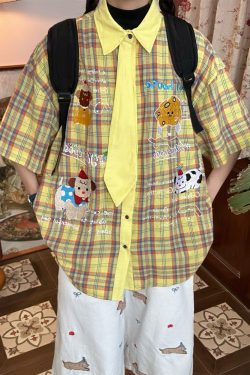 Japanese Retro Cartoon Embroidered Plaid Short Sleeve Shirt for Women - Summer College Style Top