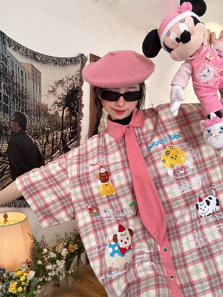 Japanese Retro Cartoon Embroidered Plaid Short Sleeve Shirt for Women - Summer College Style Top Japanese Retro Cartoon Embroidered Plaid Short Sleeve Shirt for Women - Summer College Style Top