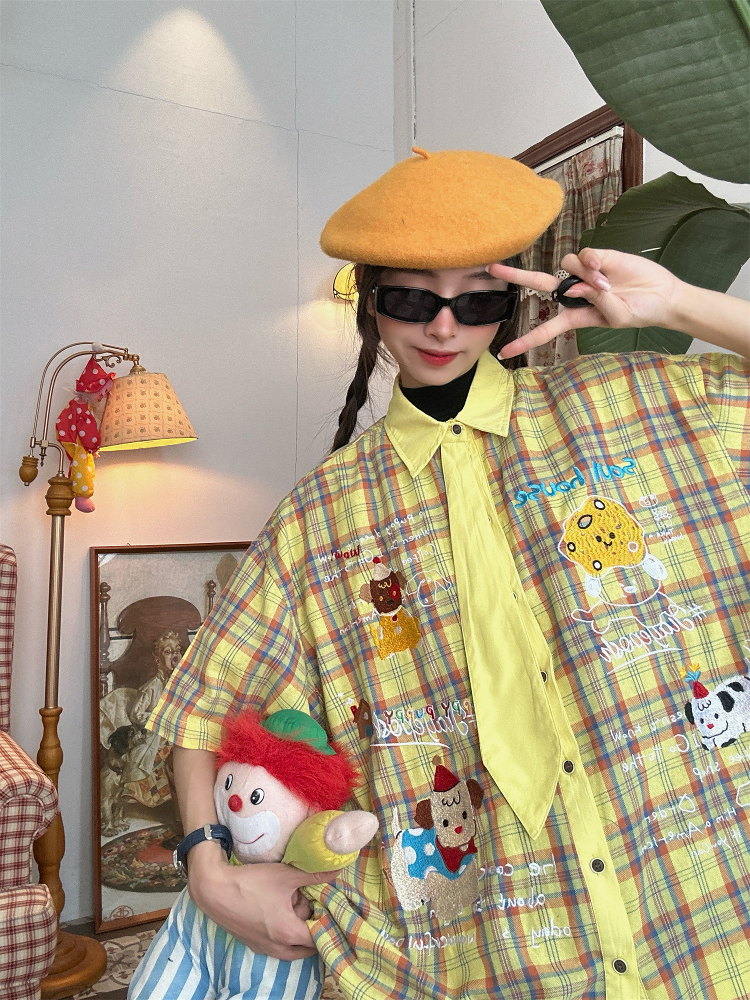 Japanese Retro Cartoon Embroidered Plaid Short Sleeve Shirt for Women - Summer College Style Top Japanese Retro Cartoon Embroidered Plaid Short Sleeve Shirt for Women - Summer College Style Top