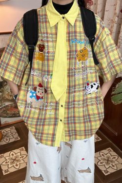 Japanese Retro Cartoon Embroidered Tie Plaid Short Sleeve Shirt for Women - Summer College Style Top