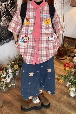 Japanese Retro Cartoon Embroidered Tie Plaid Short Sleeve Shirt for Women - Summer College Style Top