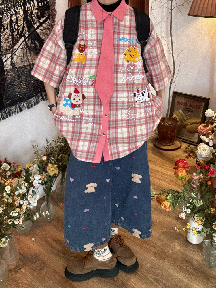 Japanese Retro Cartoon Embroidered Tie Plaid Short Sleeve Shirt for Women - Summer College Style Top Japanese Retro Cartoon Embroidered Tie Plaid Short Sleeve Shirt for Women - Summer College Style Top