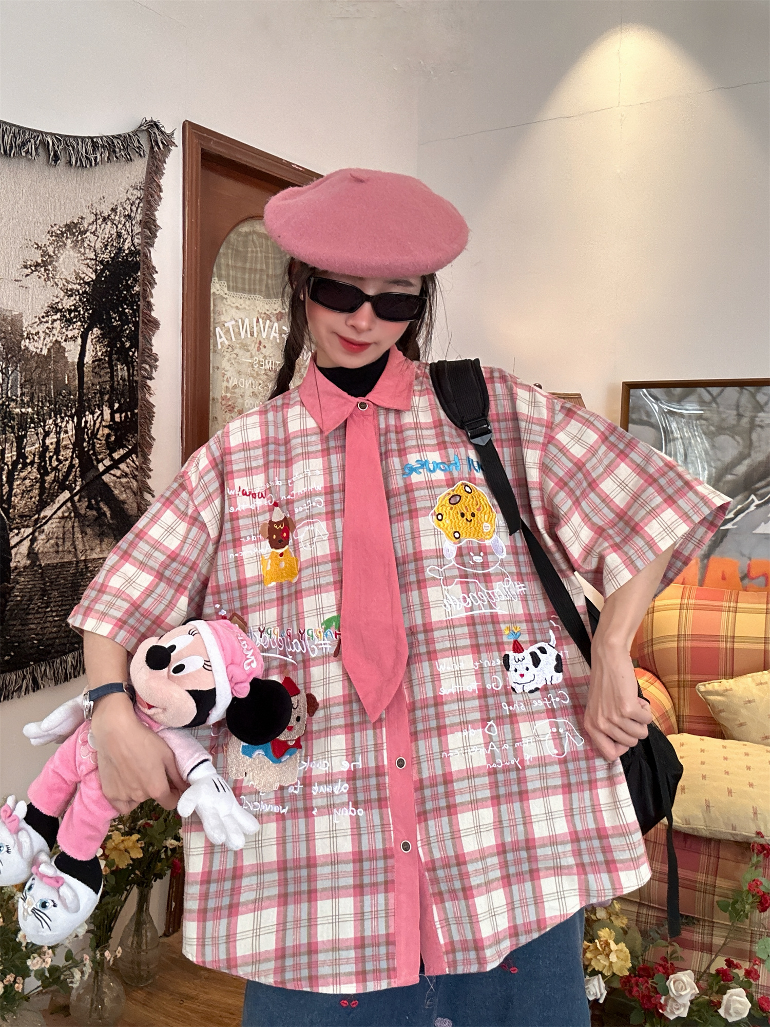 Japanese Retro Cartoon Embroidered Tie Plaid Short Sleeve Shirt for Women - Summer College Style Top Japanese Retro Cartoon Embroidered Tie Plaid Short Sleeve Shirt for Women - Summer College Style Top