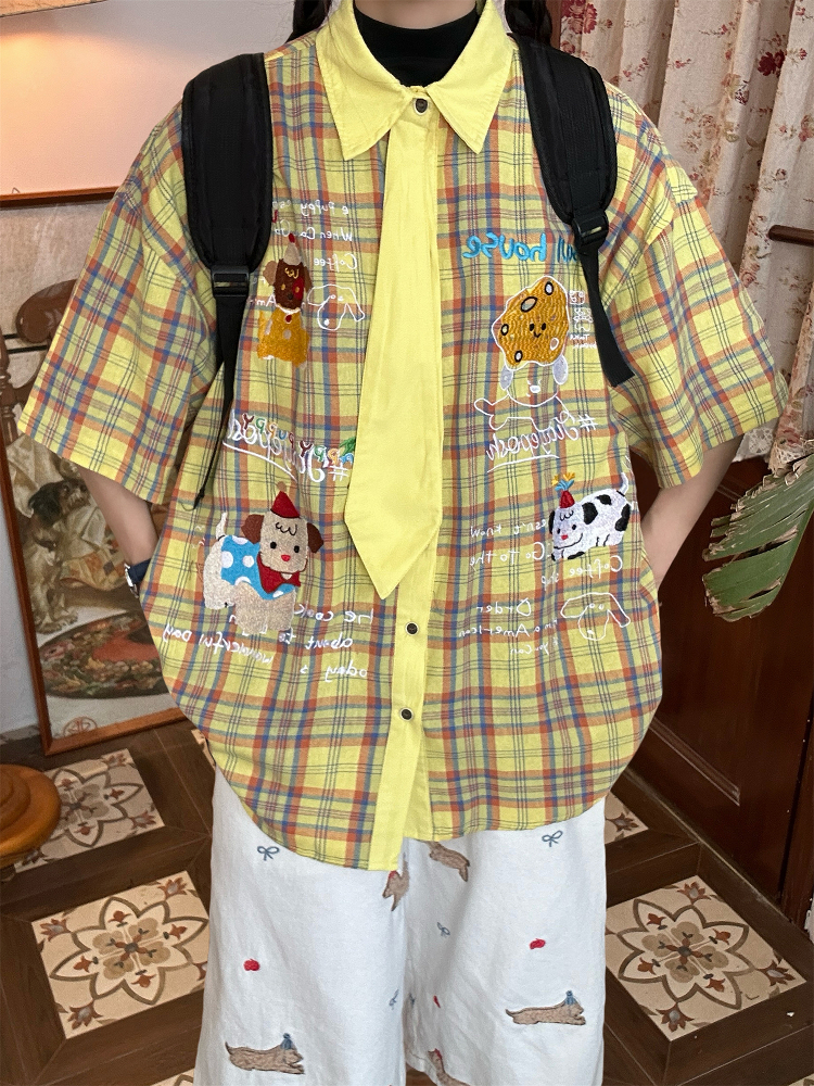 Japanese Retro Cartoon Embroidered Tie Plaid Short Sleeve Shirt for Women - Summer College Style Top Japanese Retro Cartoon Embroidered Tie Plaid Short Sleeve Shirt for Women - Summer College Style Top