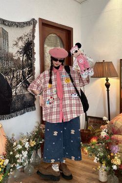 Japanese Retro Cartoon Embroidered Tie Plaid Short Sleeve Shirt for Women - Summer College Style Top