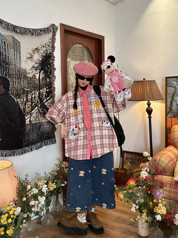 Japanese Retro Cartoon Embroidered Tie Plaid Short Sleeve Shirt for Women - Summer College Style Top Japanese Retro Cartoon Embroidered Tie Plaid Short Sleeve Shirt for Women - Summer College Style Top