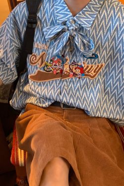 Japanese Retro Cartoon Embroidery Bow Tie Collar Shirt - Loose Gender-Neutral Summer Fashion 90s Style Top