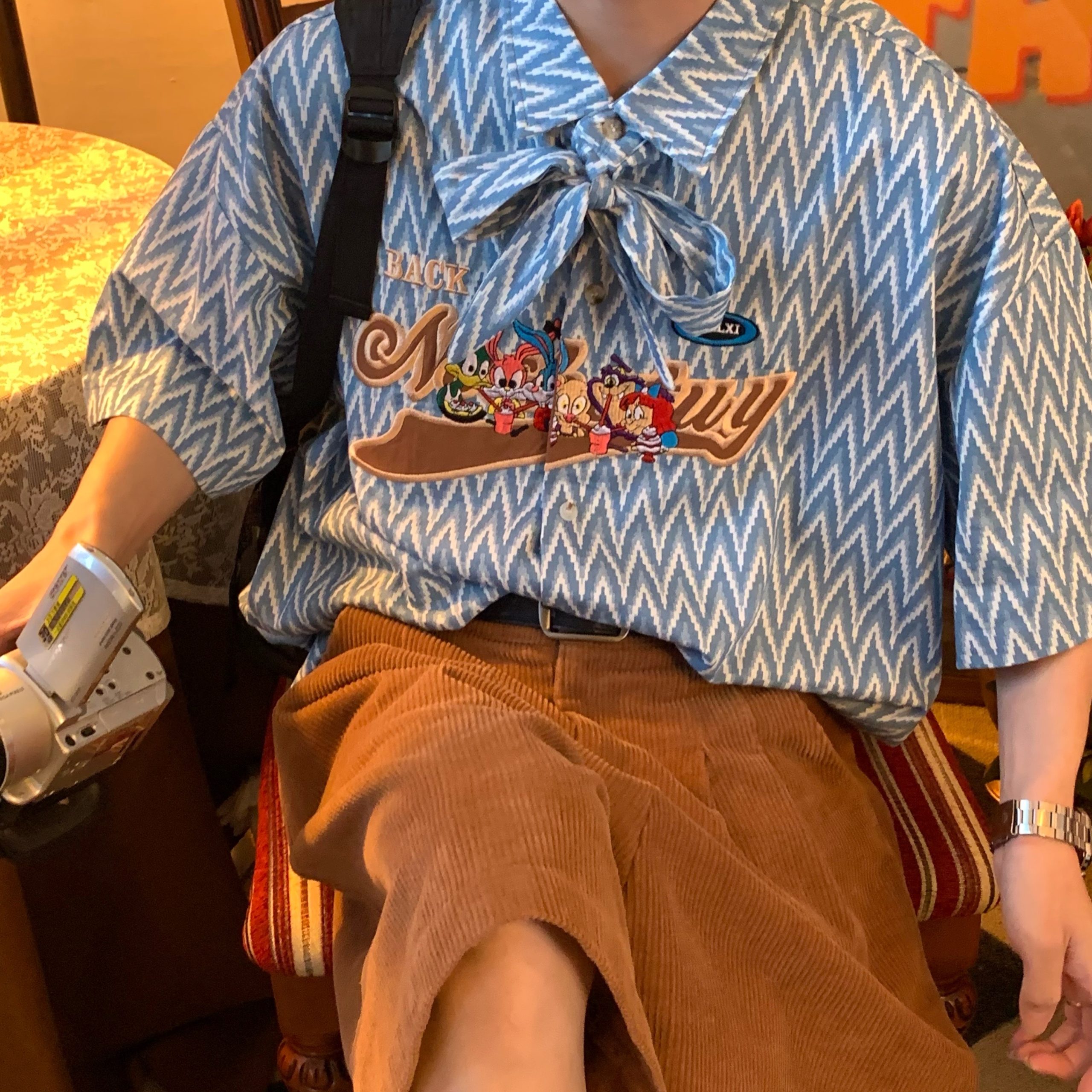 Japanese Retro Cartoon Embroidery Bow Tie Collar Shirt - Loose Gender-Neutral Summer Fashion 90s Style Top Japanese Retro Cartoon Embroidery Bow Tie Collar Shirt - Loose Gender-Neutral Summer Fashion 90s Style Top